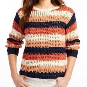 LL Bean Signature Bailey Island Cotton Striped Fisherman Sweater Knit Crochet L